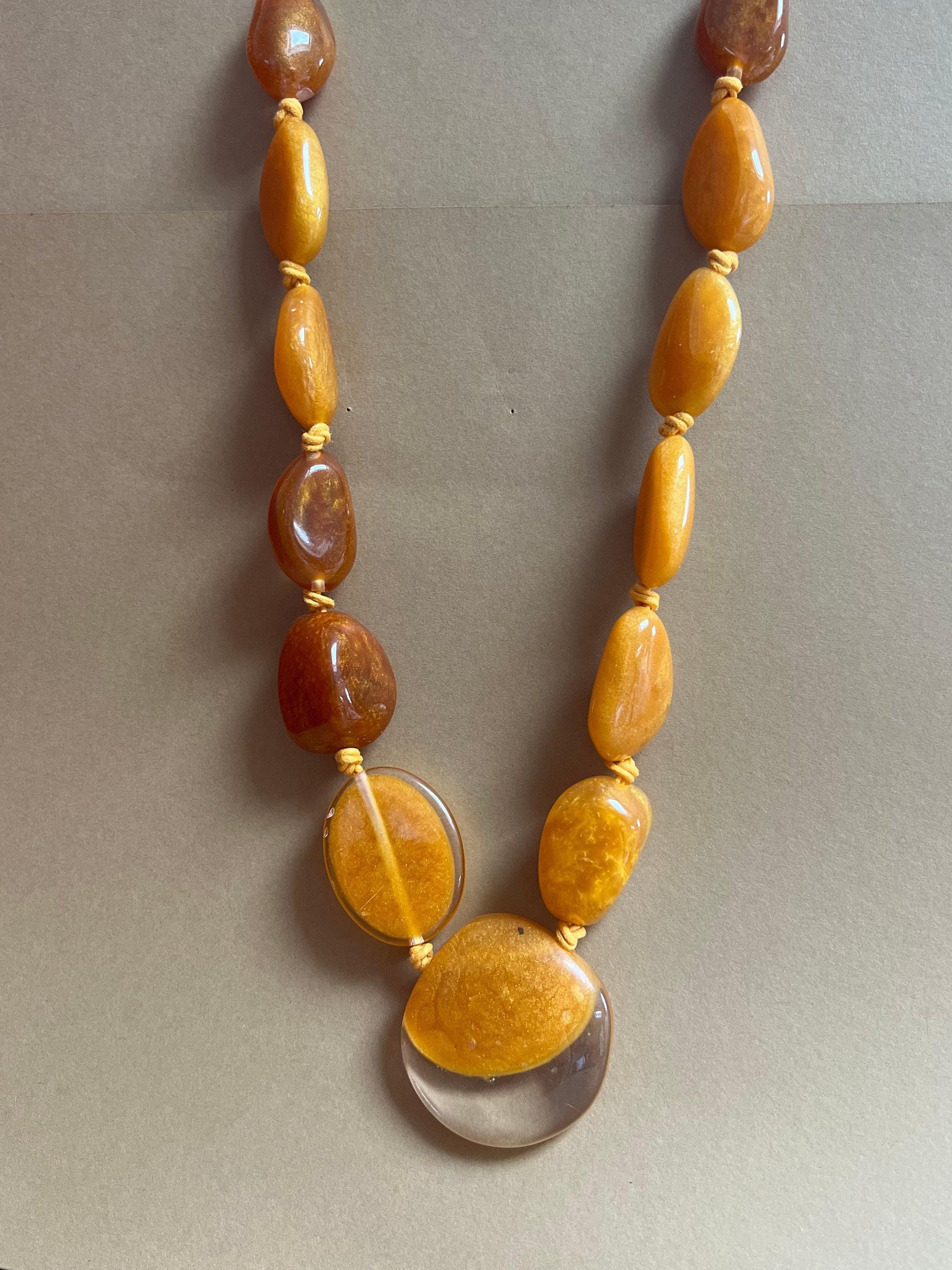 Bold Amber-Toned Beaded Statement Necklace – Adjustable Length