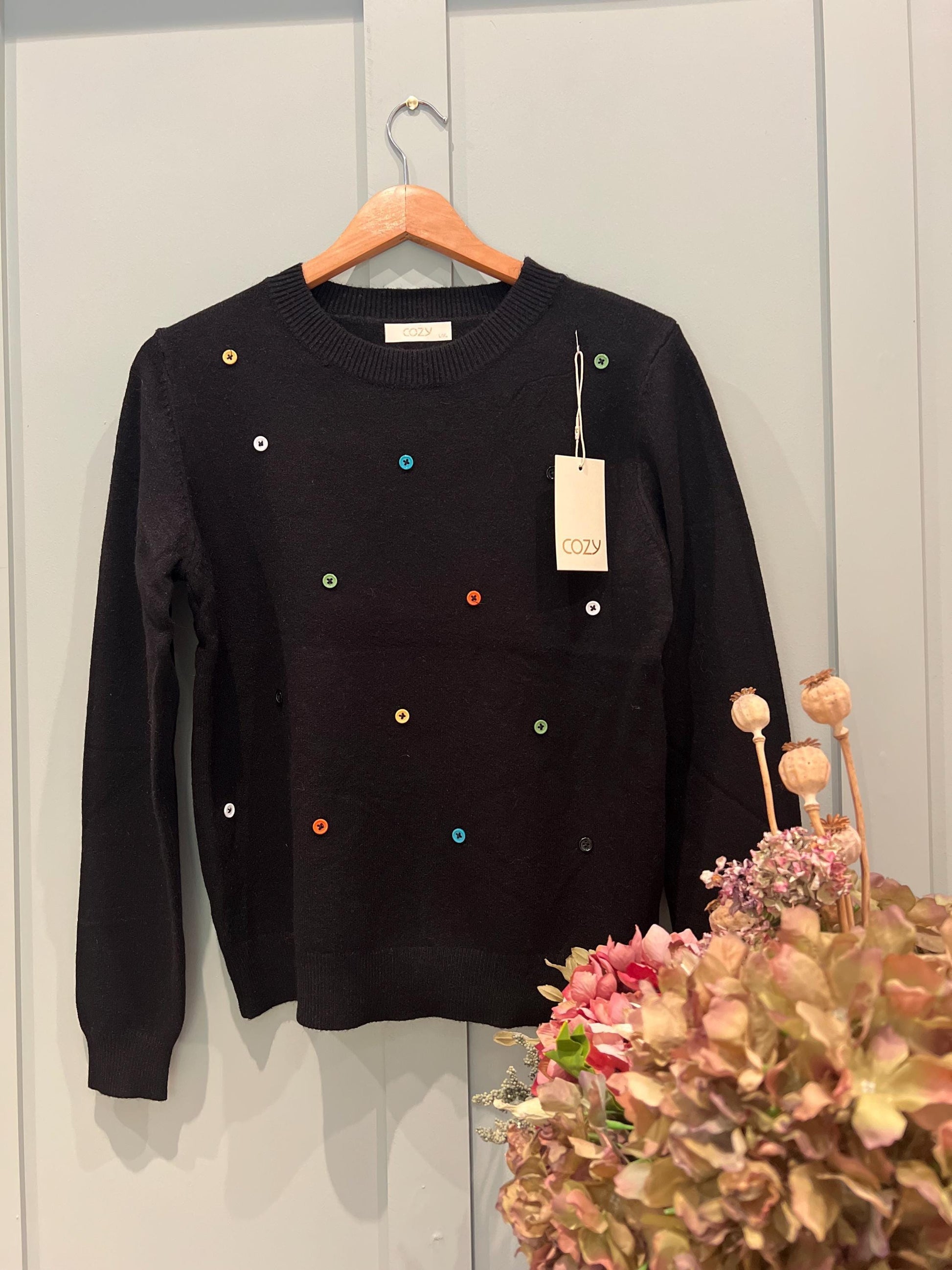 Black Jumper with Buttons, Unique Colourful Button Jumper. Knit. Sewn-on Buttons. One Size Fits Most. UK Dispatch. Unique.