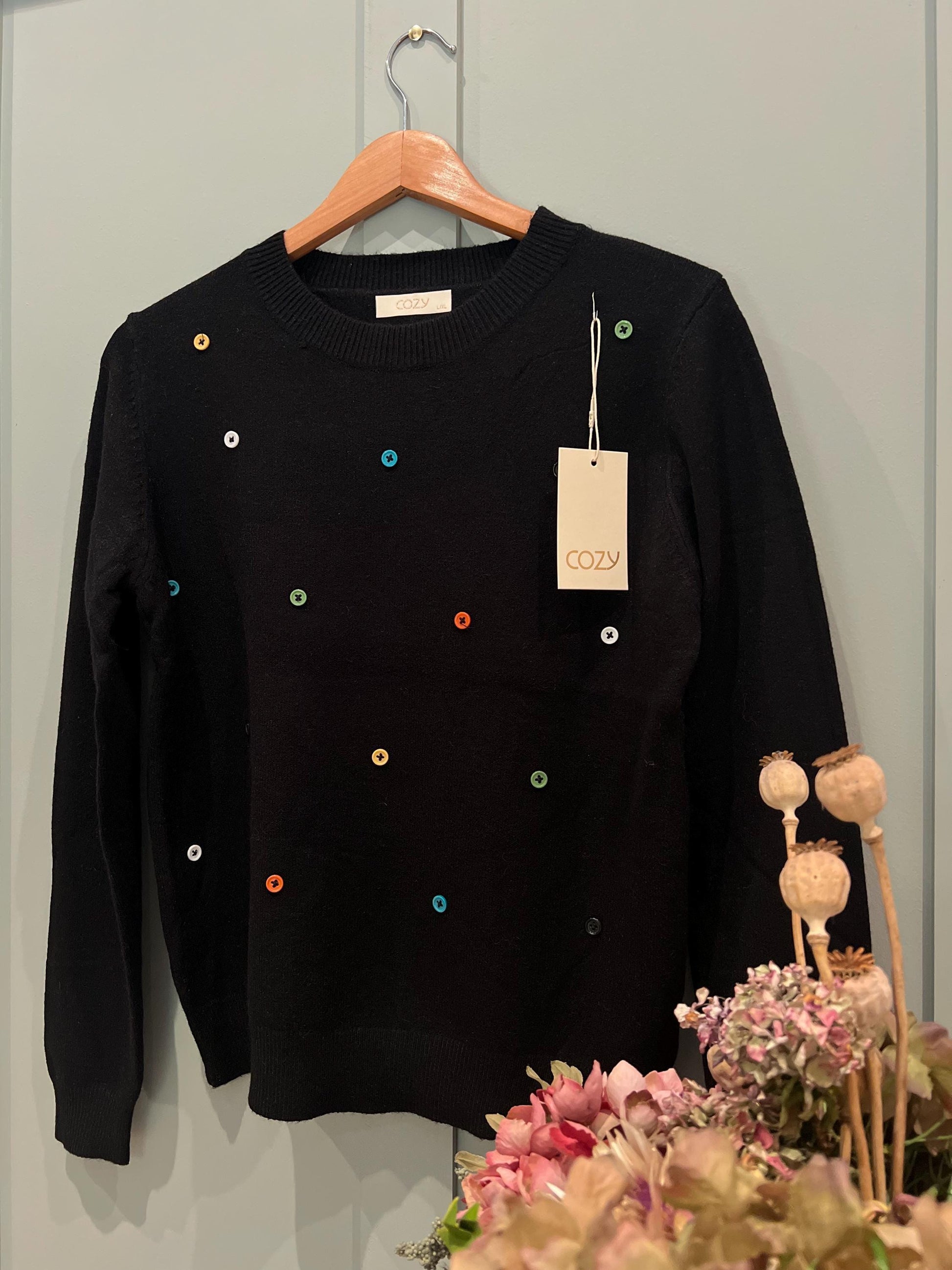 Black Jumper with Buttons, Unique Colourful Button Jumper. Knit. Sewn-on Buttons. One Size Fits Most. UK Dispatch. Unique.