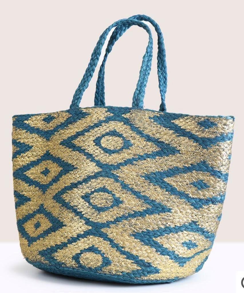 Blue & Gold Hand Handbag, Brand new, Summer, Rafia, Beach, Holiday Bag, Bags, Ladies, Women’s fashion