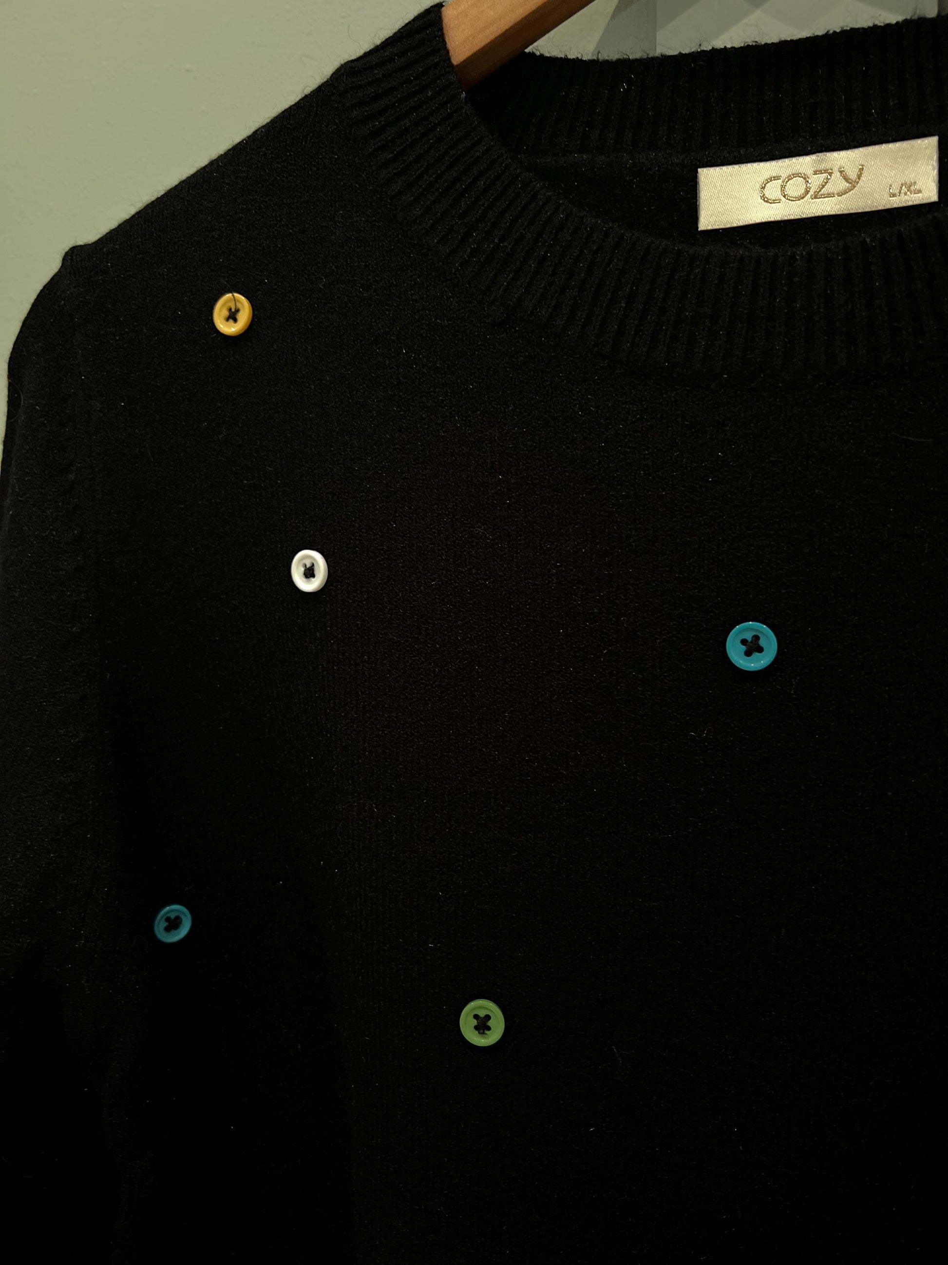 Black Jumper with Buttons, Unique Colourful Button Jumper. Knit. Sewn-on Buttons. One Size Fits Most. UK Dispatch. Unique.