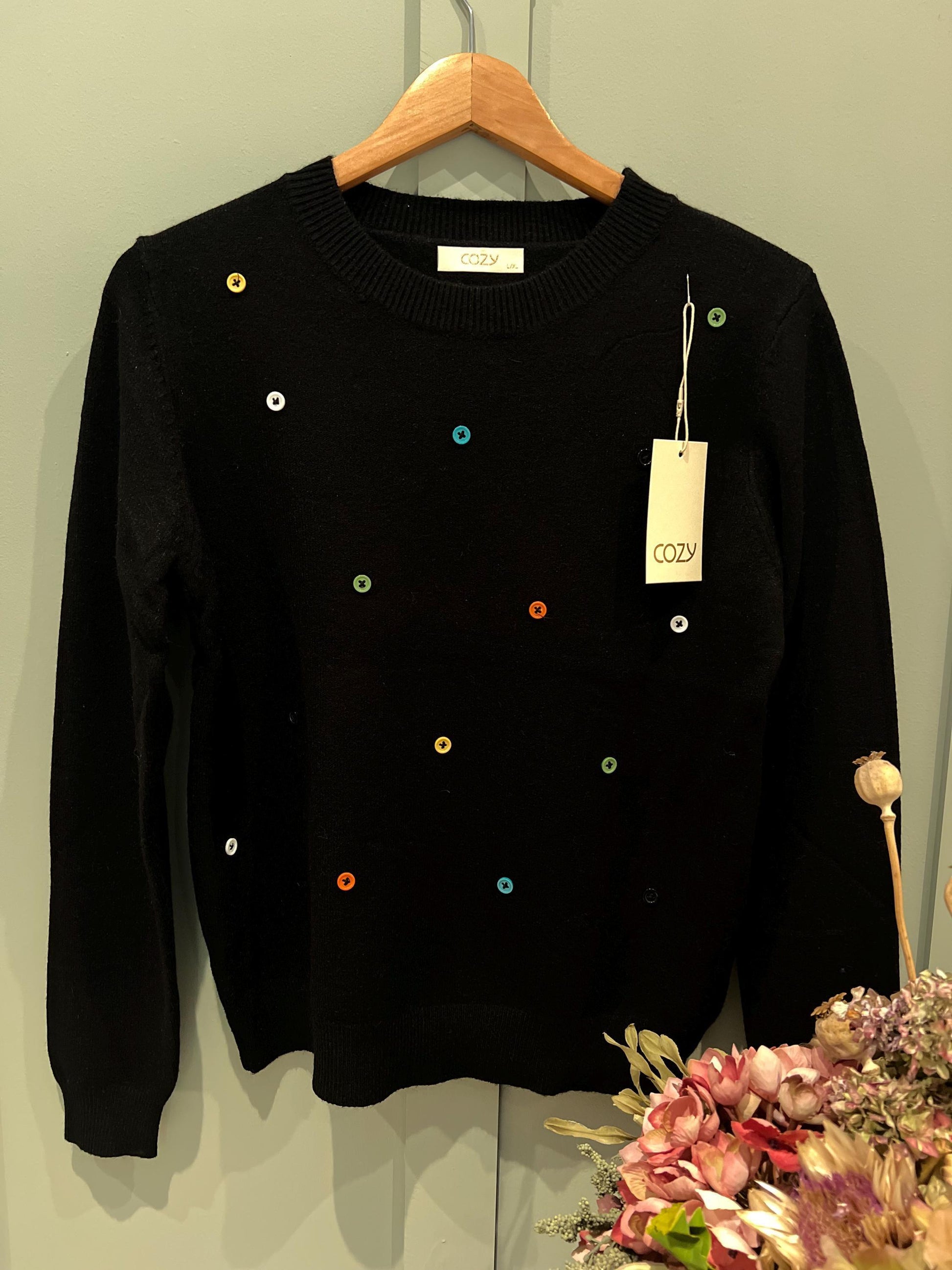 Black Jumper with Buttons, Unique Colourful Button Jumper. Knit. Sewn-on Buttons. One Size Fits Most. UK Dispatch. Unique.