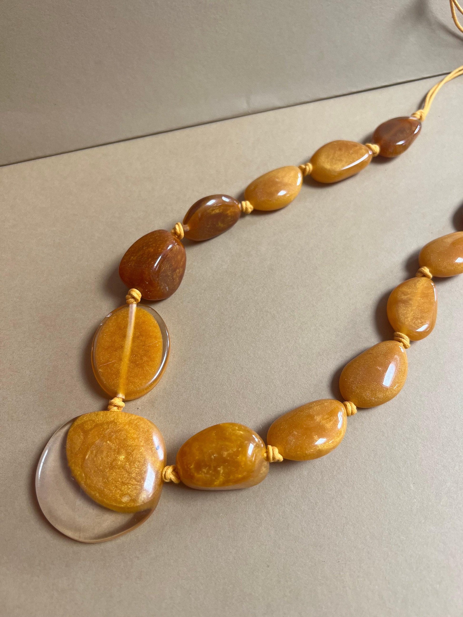 Bold Amber-Toned Beaded Statement Necklace – Adjustable Length