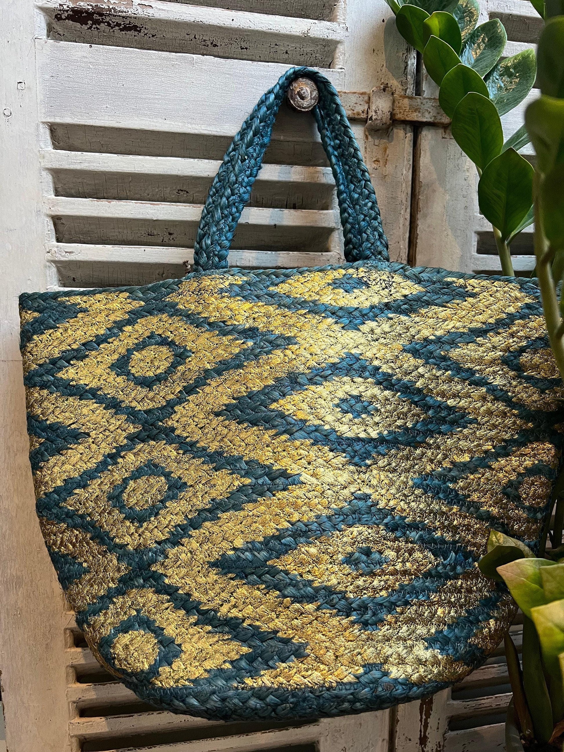 Blue & Gold Hand Handbag, Brand new, Summer, Rafia, Beach, Holiday Bag, Bags, Ladies, Women’s fashion