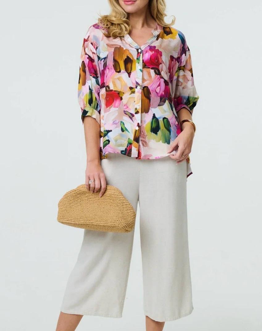 Brushstroke print 3/4 sleeve blouse pink