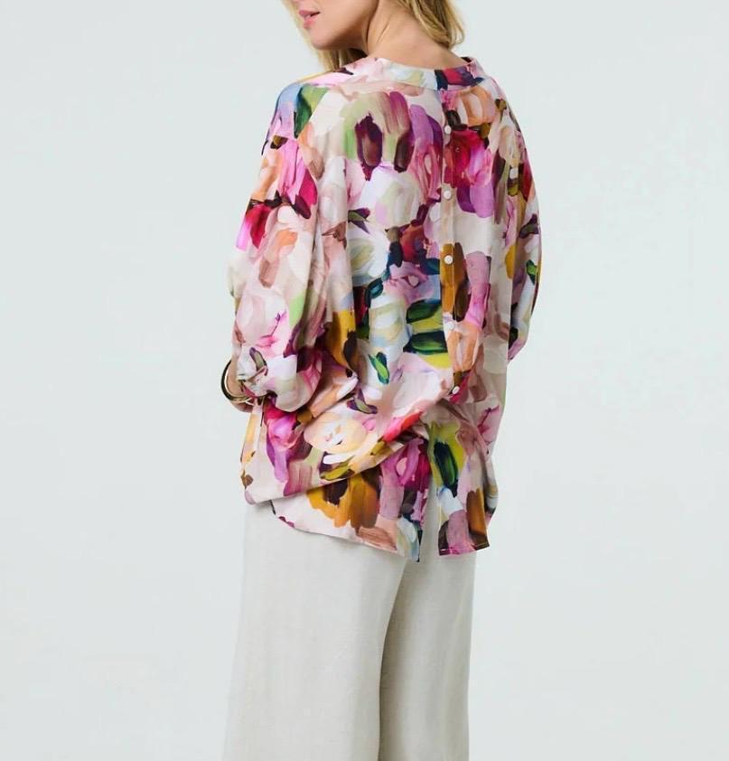 Brushstroke print 3/4 sleeve blouse pink