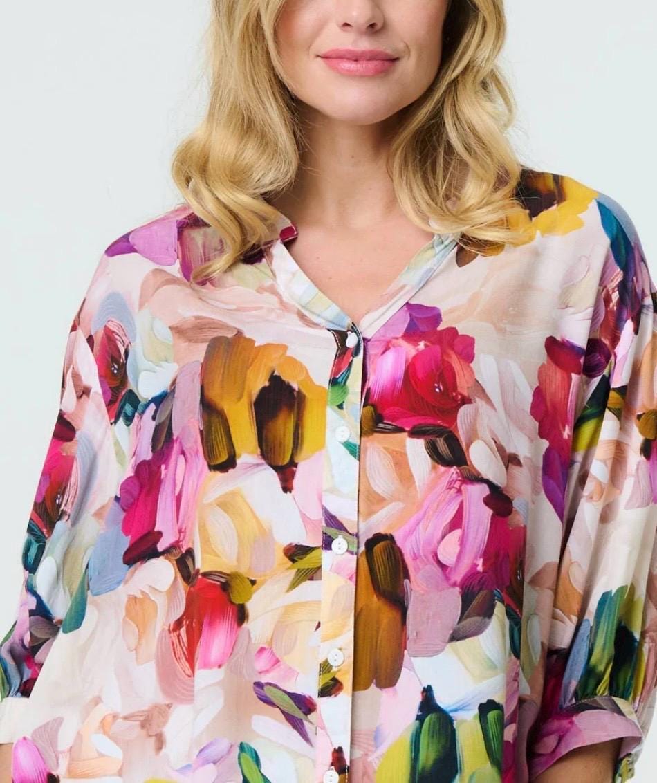 Brushstroke print 3/4 sleeve blouse pink